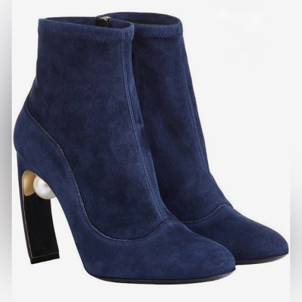 Nicholas Kirkwood Navy Blue Suede Pearl Booties Size 37.5‎ US 7.5